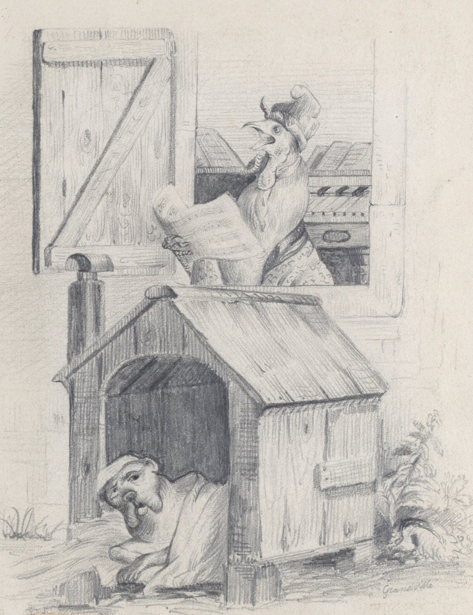 Koira koirakodissa, kukko laulaa ikkunassa, n. 1842. tekijältä Jean Ignace Isidore Gérard