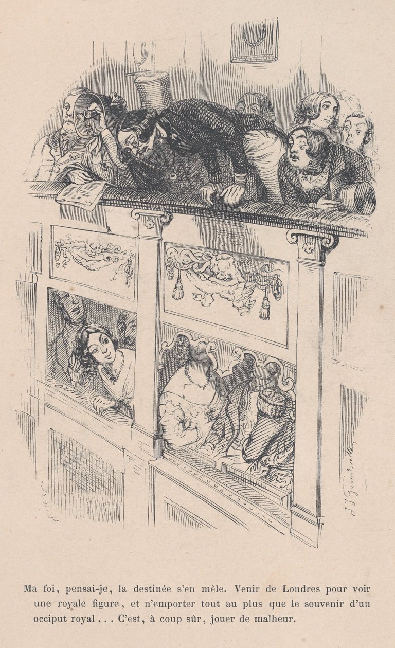 Olin tullut Lontooseen tapaamaan kuninkaallista, mutta näin vain toisen ihmisen pään takaosan. alkaen..., 1843. tekijältä Jean Ignace Isidore Gérard