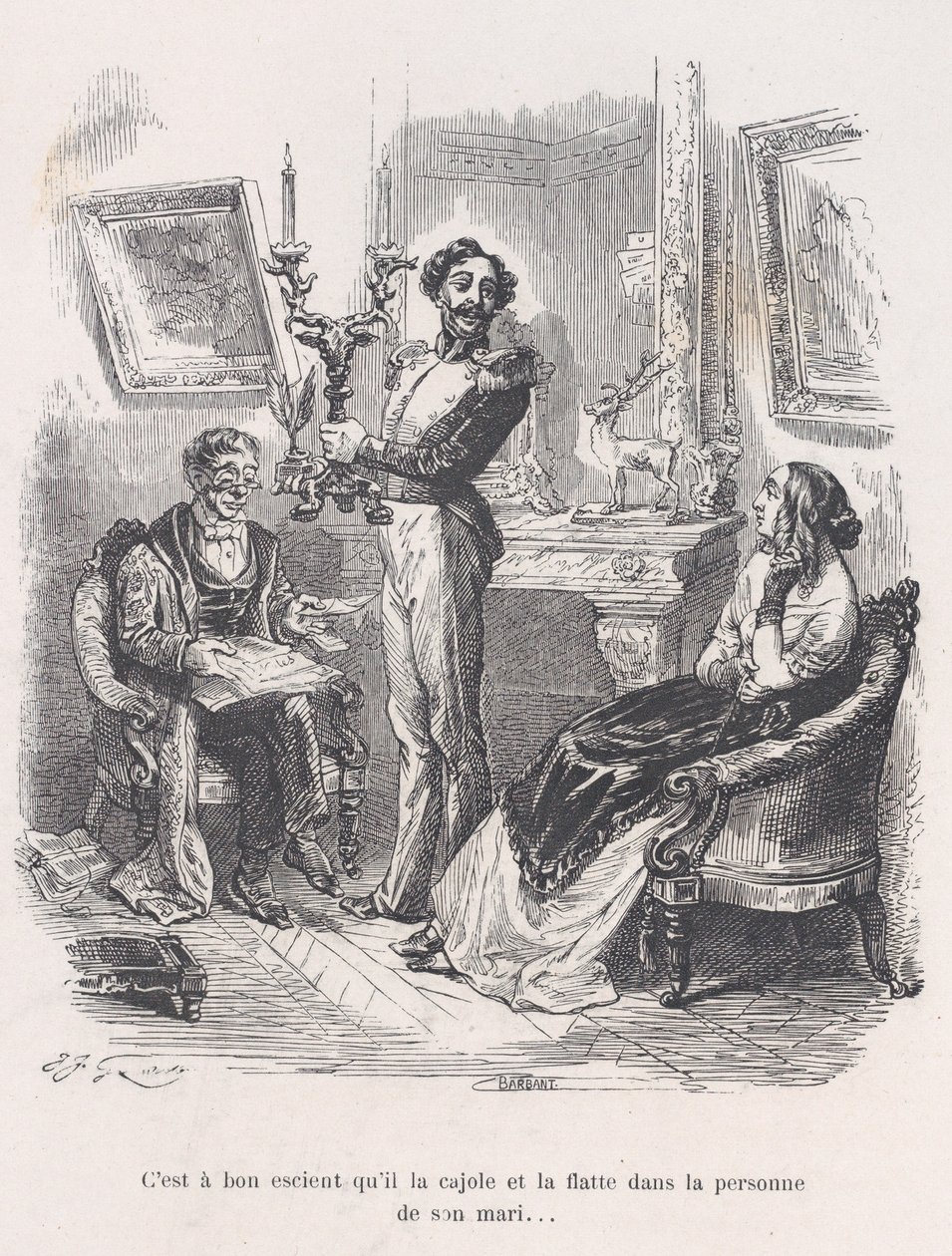 On hyvä, että hän houkuttelee ja imartelee häntä miehensä edessä. Pikku Miseristä..., 1843. tekijältä Jean Ignace Isidore Gérard