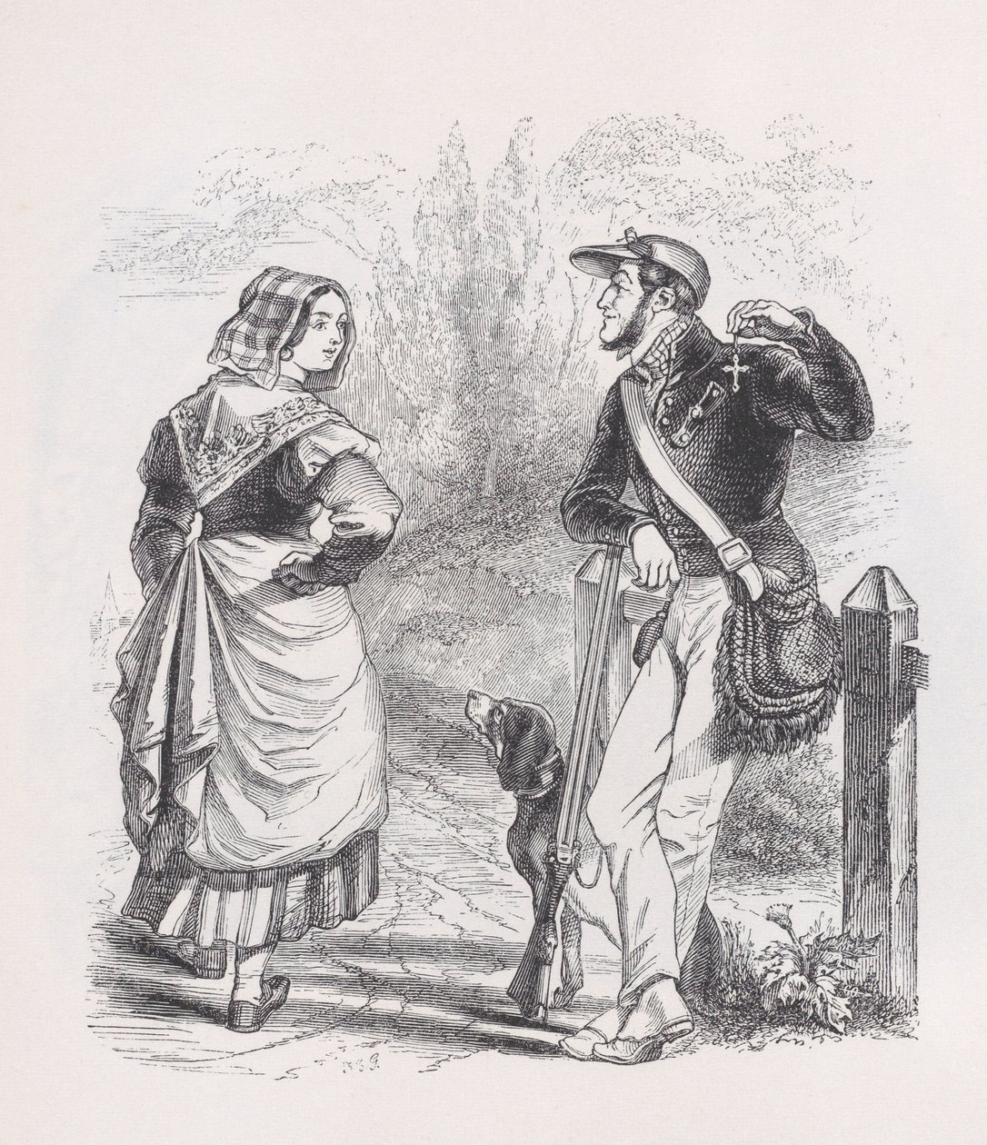 Metsästäjä ja maitoneito elokuvasta The Complete Works of Béranger, 1836. tekijältä Jean Ignace Isidore Gérard