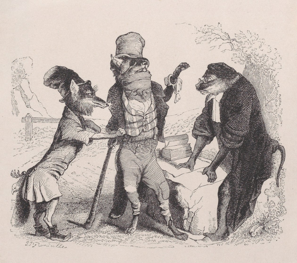 Susi vetoaa Kettua vastaan Apinan edessä, n. 1838. tekijältä Jean Ignace Isidore Gérard