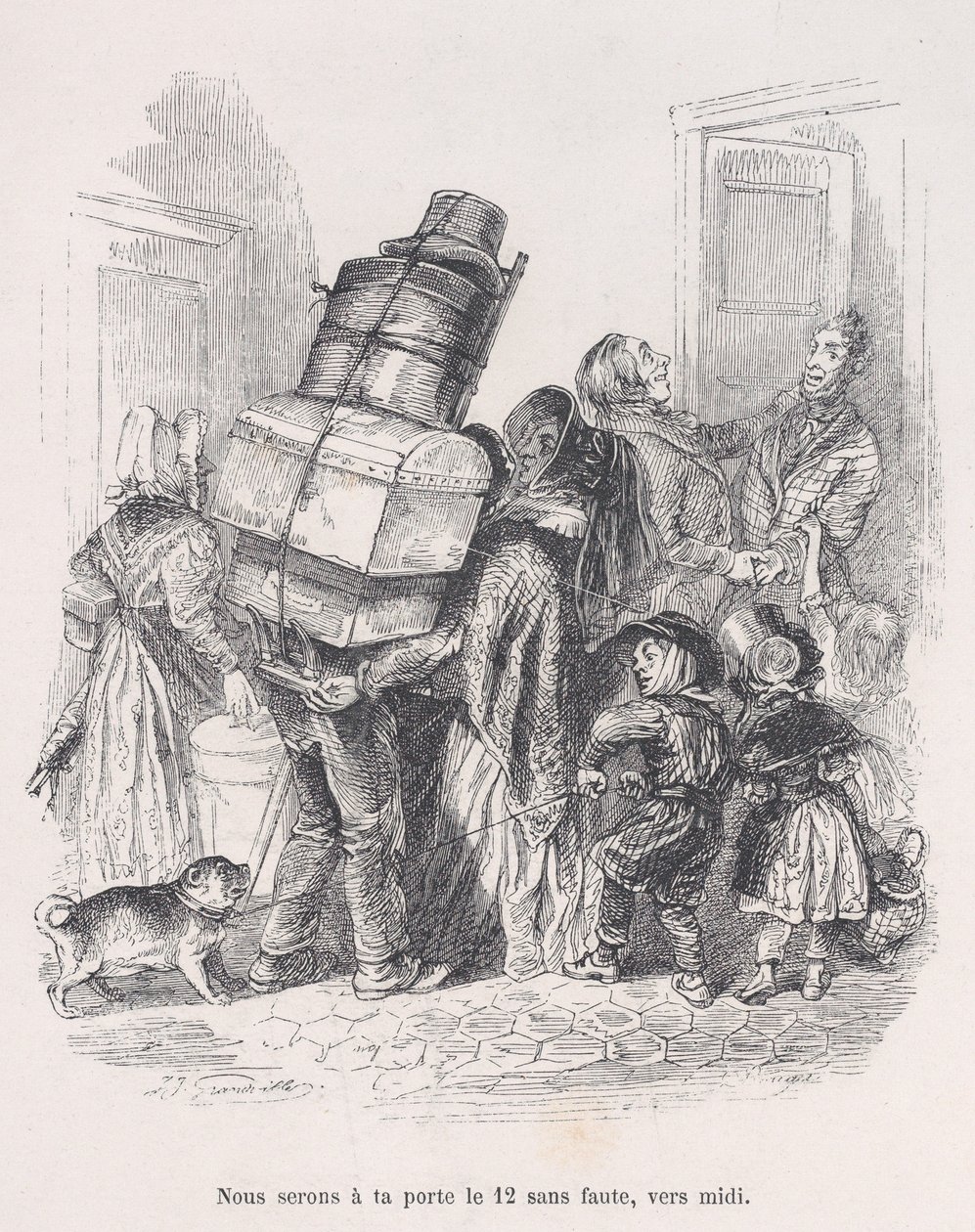 Olemme ovellasi epätoivoisesti keskipäivällä. Ihmiselämän pienistä kurjista, 1843. tekijältä Jean Ignace Isidore Gérard