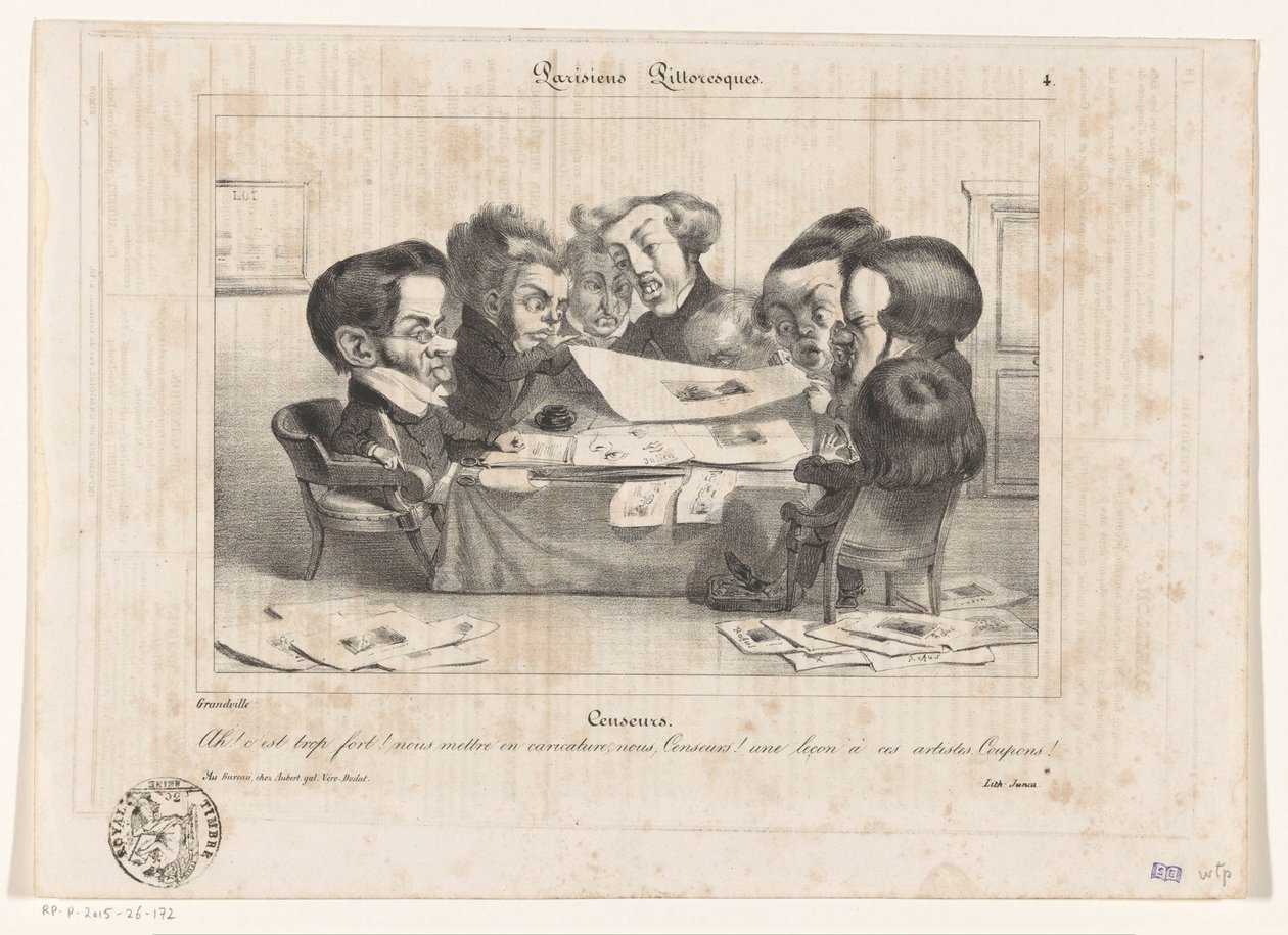 Karikatyyri ranskalaisista sensoreista Sensorit (otsikko esineessä) Parisiens Picturesques (sarjan nimi esineellä) tekijältä Jean Ignace Isidore Gérard Grandville