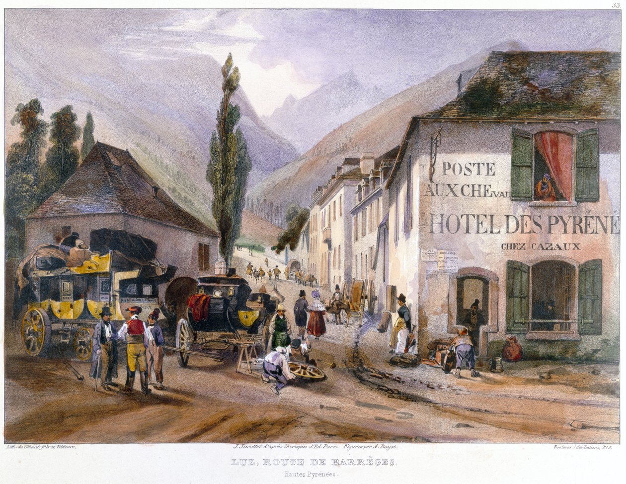 Stagebussin saapuminen ja korjaus Luziin tiellä Barregesiin, n. 1840 tekijältä Jean Jacottet