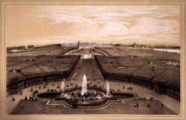 Yleisnäkymä Versaillesin puistosta ja palatsista, julkaisija Auguste Bry (litho) tekijältä Jean Jacottet