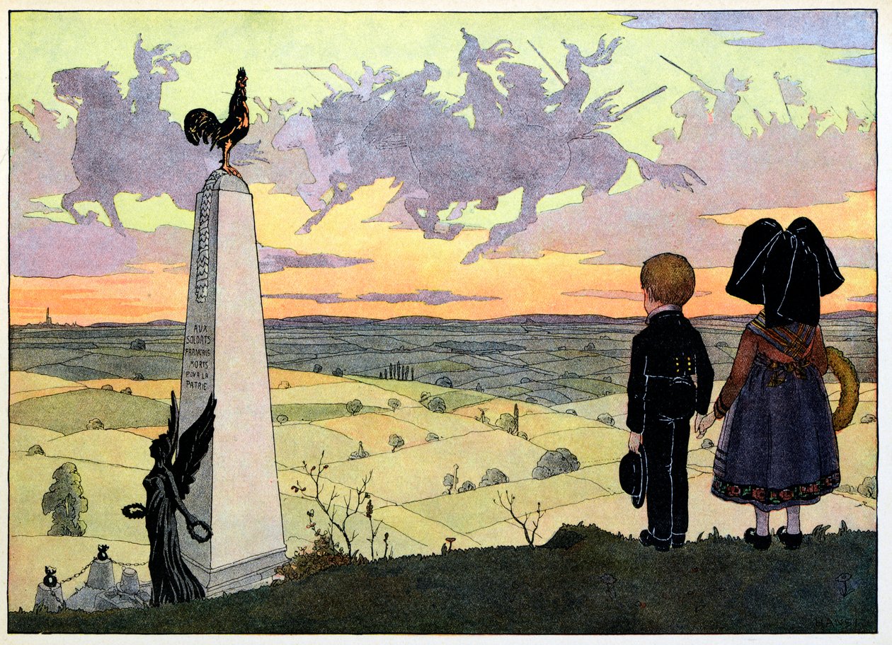 Kyläni, ne, jotka eivät unohda:Taistelukenttä (Geisbergin muistomerkki, jossa kaksi Spinner-lasta poseeraa Hansille); tekijältä Jean Jacques (1873 1951) Waltz