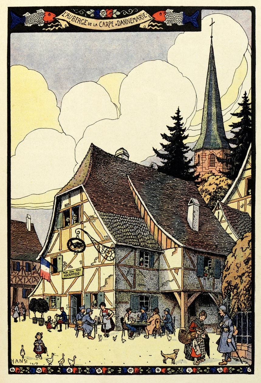 Kolmivärinen paratiisi; Auberge de la carp Dannemariessa 1917 tekijältä Jean Jacques (1873 1951) Waltz