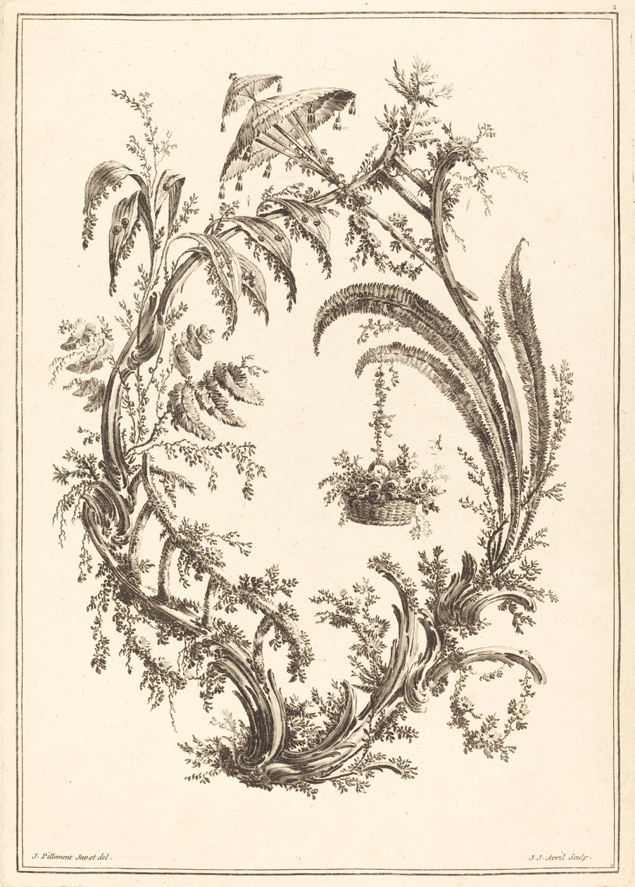 Ornamentti aurinkovarjolla ja riippukorilla tekijältä Jean Jacques Avril I after Jean Baptiste Pillement