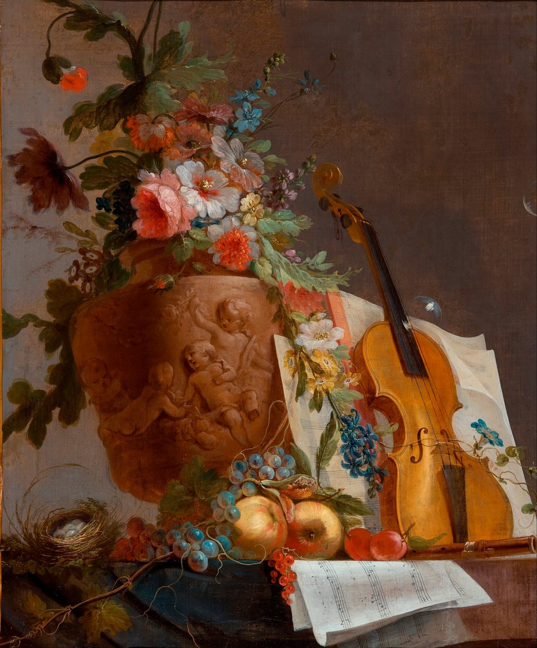 "Asetelma kukkien ja viululla" Jean-Jacques Bachelierin (1724-1806) maalaus noin 1750 - Öljy kankaalle - 88,9x73,5 - Etelä-Australian taidegalleria tekijältä Jean Jacques Bachelier