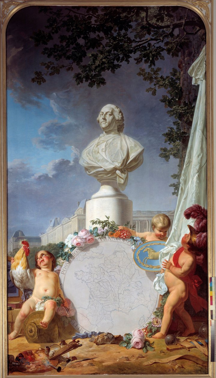 Tieteellinen Eurooppa Ranskan loiston allegorinen esitys, Ludvig XVI:n (1754-1793) rintakuva hallitsee Ranskan omaisuuden karttaa, kukkoa, enkeleitä sekä taiteen ja tieteen symboleja. Jean Jacques Bachelierin (1724-1806) maalaus 1762 Versaille tekijältä Jean Jacques Bachelier