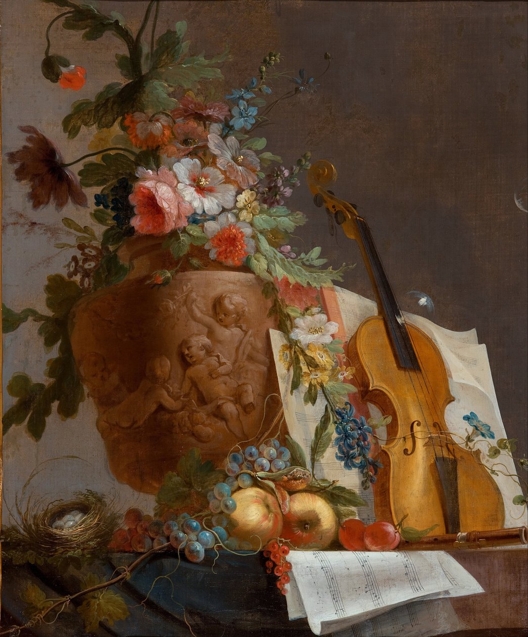 Asetelma kukilla ja viululla, c. 1750 tekijältä Jean Jacques Bachelier