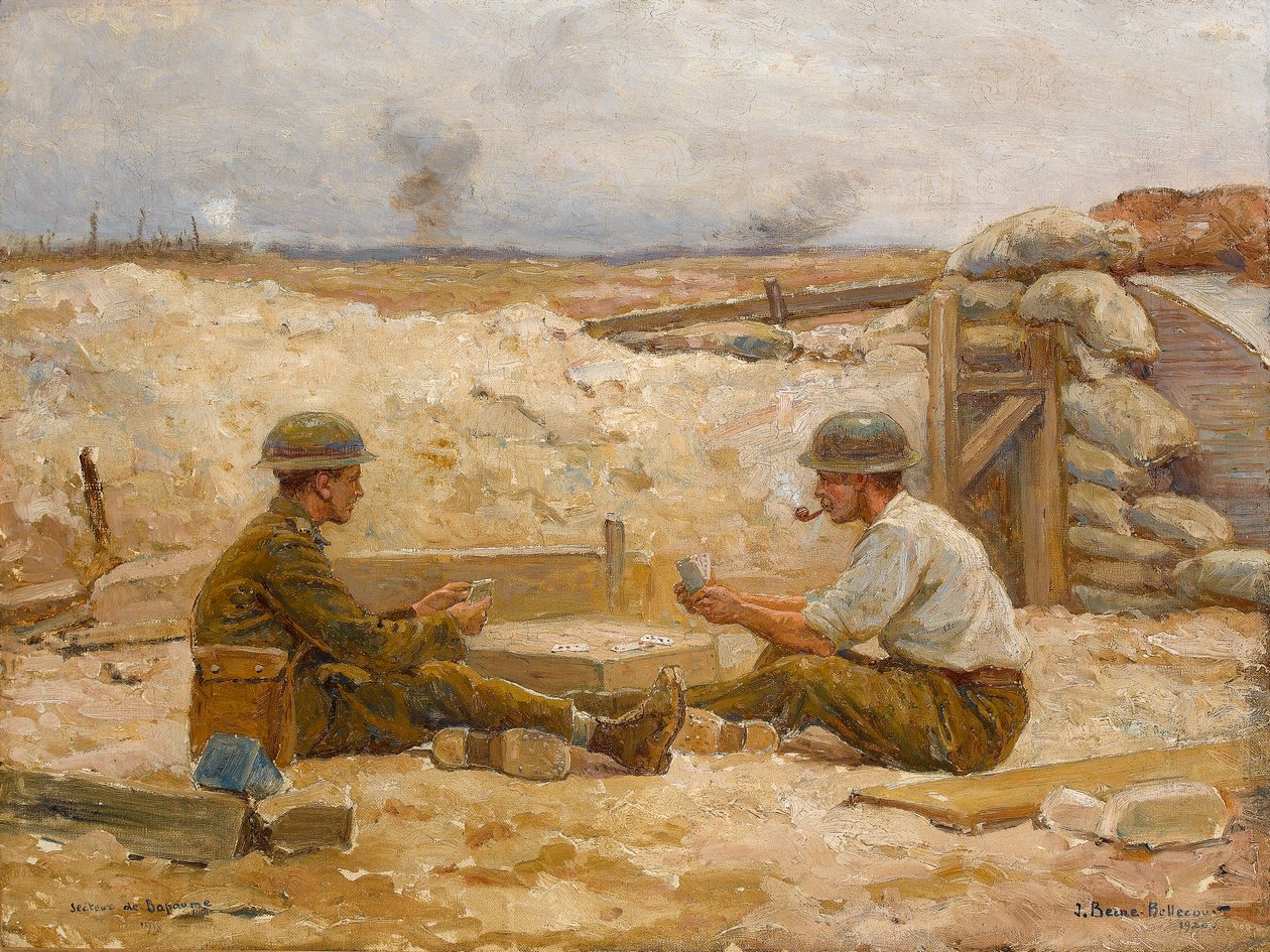 Kaksi brittiläistä upseeria pelaamassa korttia korsun ulkopuolella, Secteur de Bapaume, 1918-20 tekijältä Jean Jacques Berne Bellecour