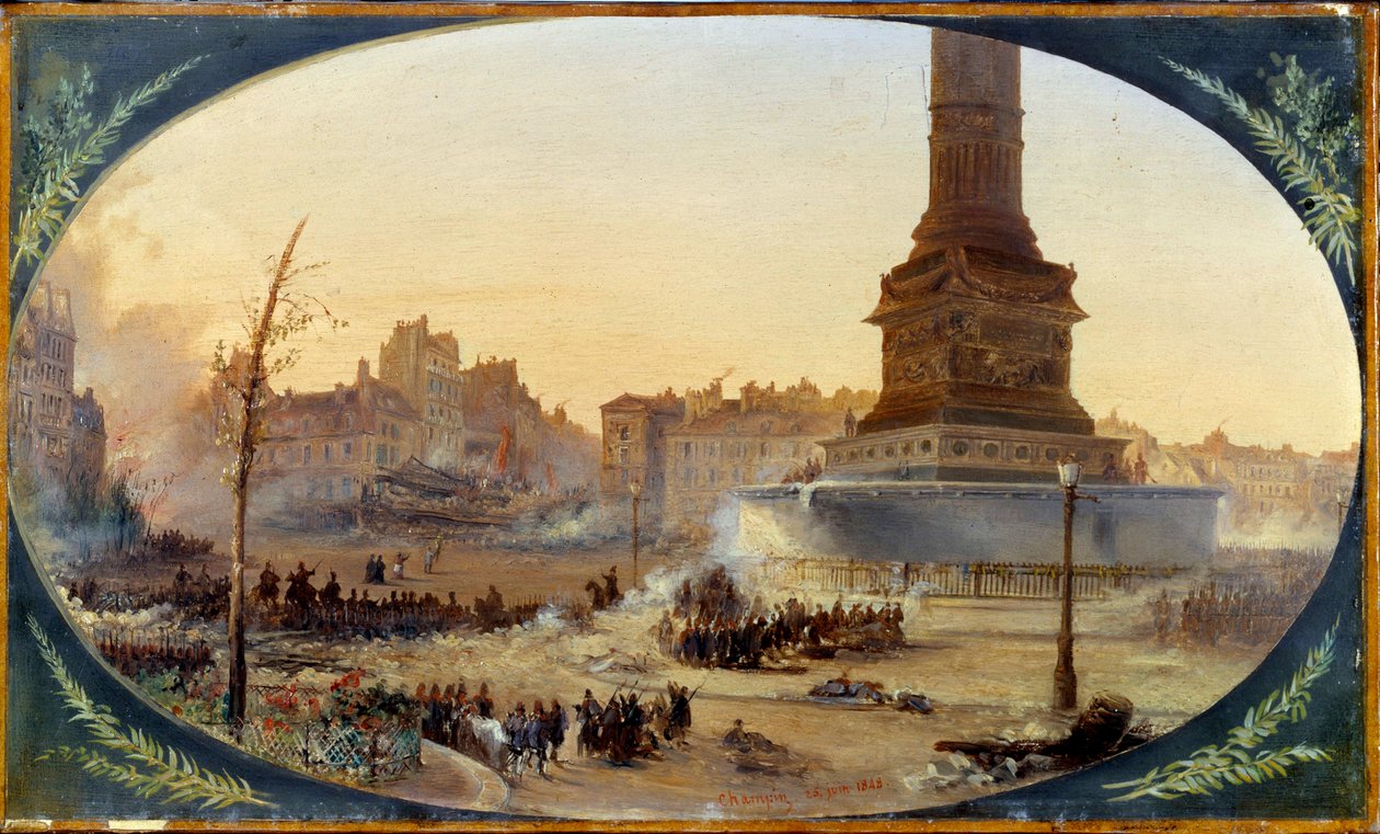 Vuoden 1848 vallankumous: "" Näkymä Place de la Bastillelle ja Faubourg Saint Antoine the sisäänkäynnin barrikadille 25/06/1848" Jean Jacques Champinin (1796-1860) maalaus maroufle-paperille 1848 Su. 0,28 x 0,43 m Pariisi, Musee Carnavalet tekijältä Jean Jacques Champin