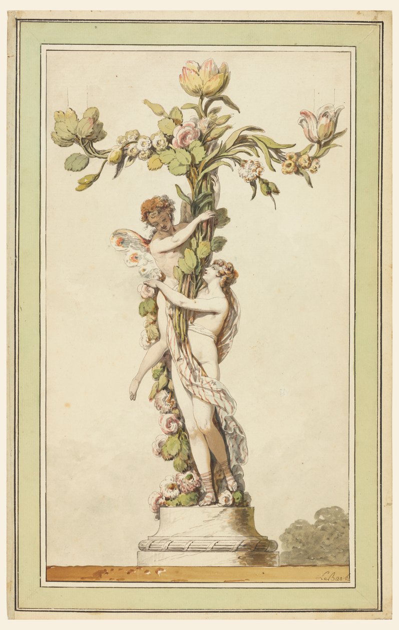 Suunnittelu posliinikynttilänjalalle tekijältä Jean Jacques Francois Le Barbier