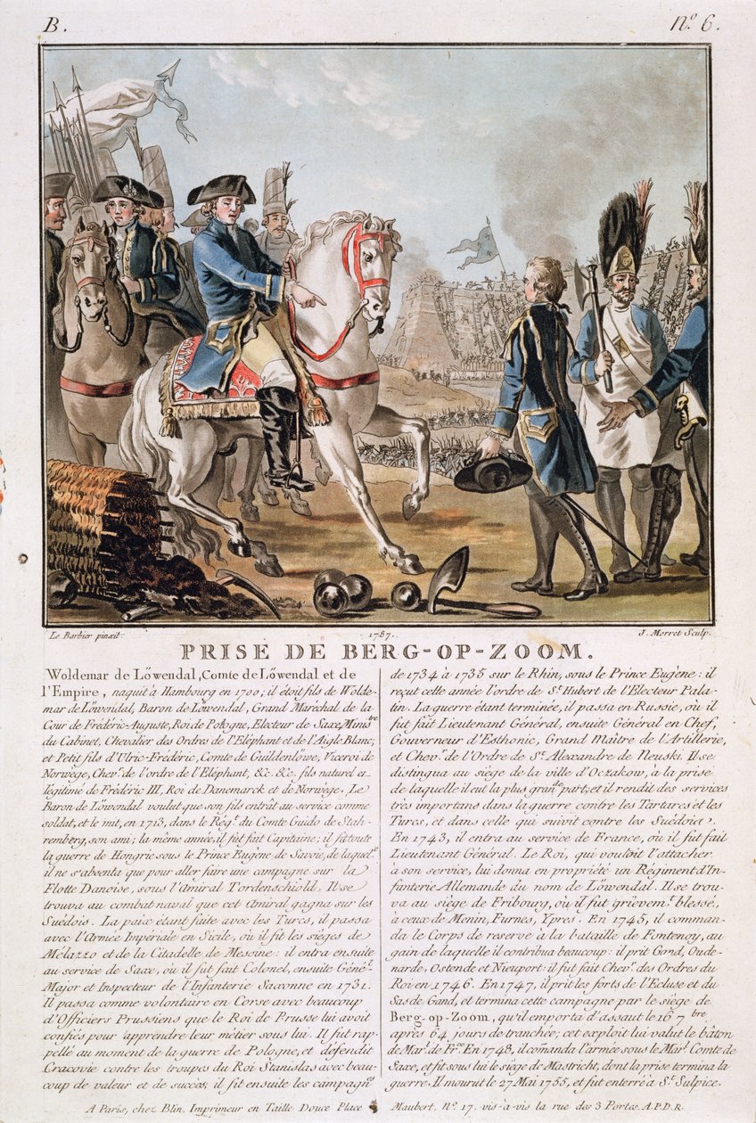 Berg-op-Zoomin valtaaminen, Alankomaat, 1747, kaiverrus Jean Baptiste Morret (fl.1790-1820), 1787 tekijältä Jean Jacques Francois Le Barbier