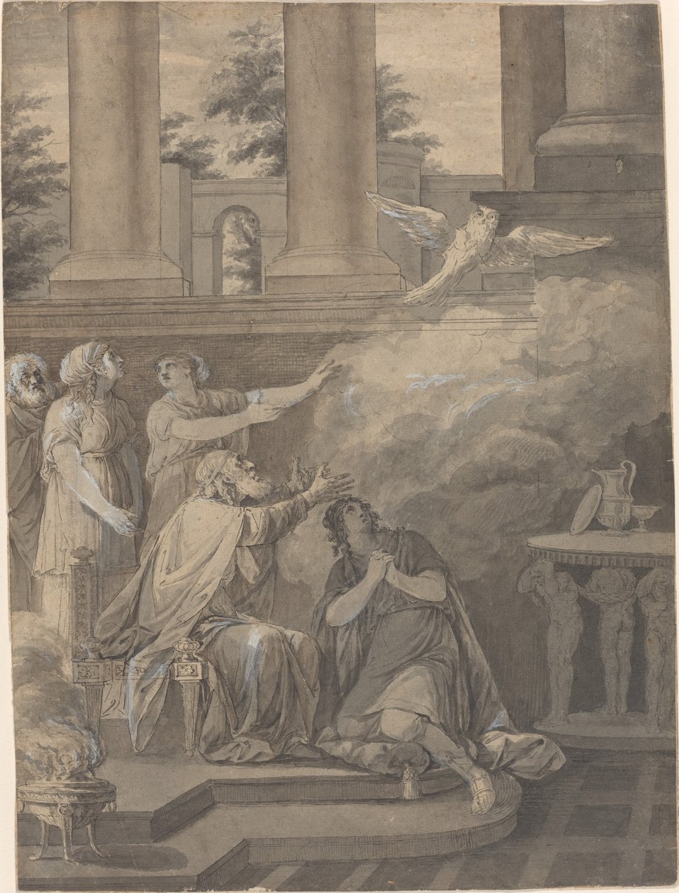 Pallas Athene Nestorin ja Telemachuksen lähtevän linnun muodossa tekijältä Jean Jacques François Le Barbier I