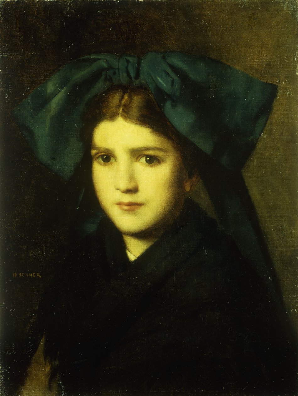 Muotokuva nuoresta tytöstä rusetti hiuksissaan tekijältä Jean Jacques Henner