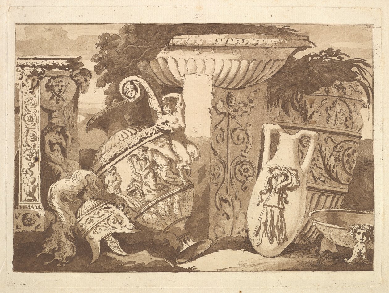 Composició amb els fragments antics i un gerro inclinat, de Recueil de Compositions..., 1782-84. finlandès tekijältä Jean Jacques Lagrenee