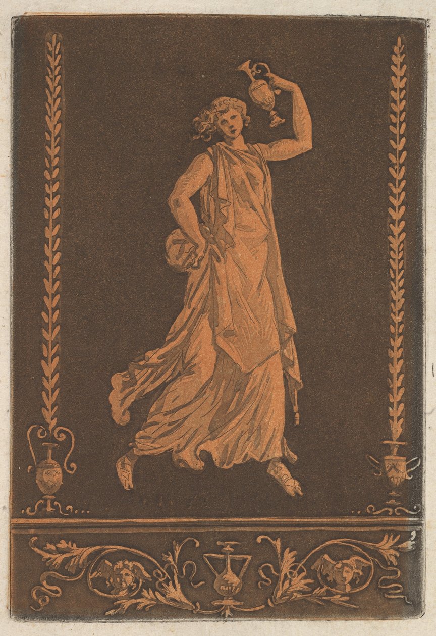 Nuori drapedoitu nainen, kävelee vasemmalta oikealle, kantaen Youngin drapedoitua... metallimaljakkoa, n. 1784. tekijältä Jean Jacques Lagrenee