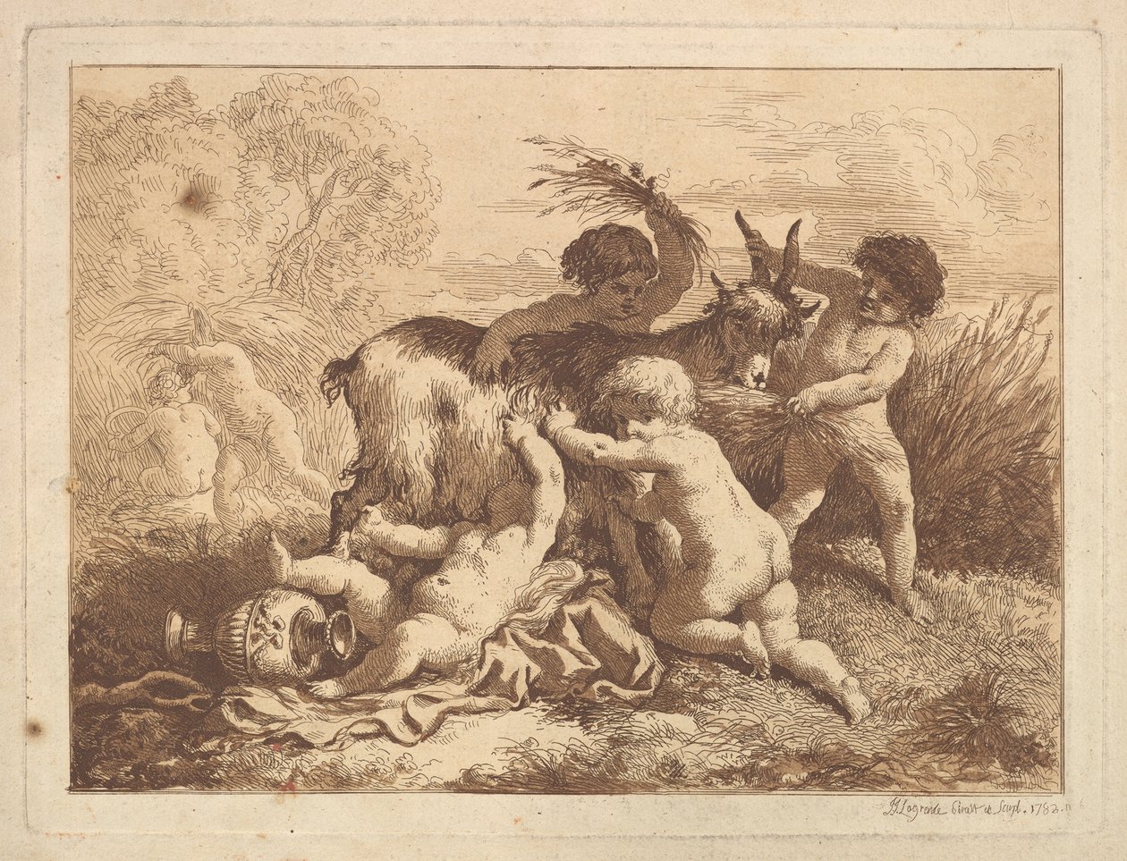 Les petits moissonneurs et la chevre Nuoret sadonkorjuukoneet ja vuohi, albumissa Cont..., 1782. tekijältä Jean Jacques Lagrenee