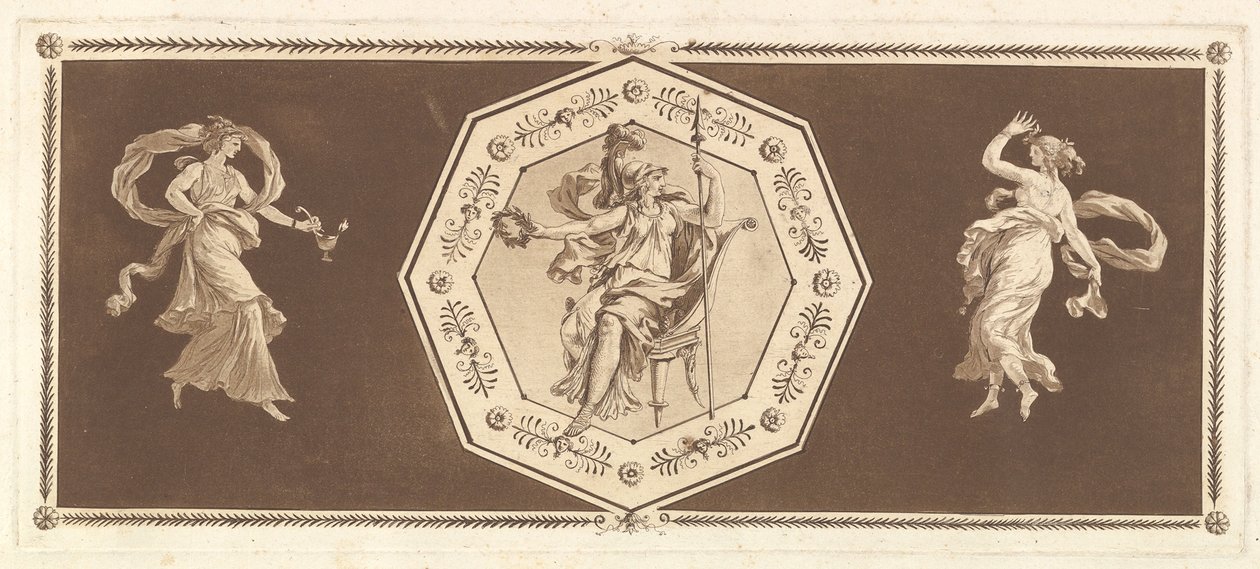 Minerva istuu koristeellisessa kahdeksankulmiossa, jossa vasemmalla ja oikealla Yö..., 1784. tekijältä Jean Jacques Lagrenee