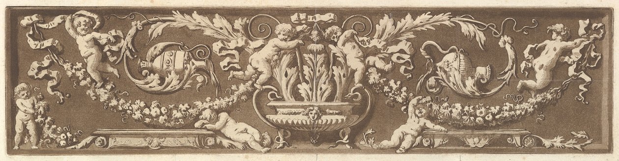 Koristefriisi, jossa on puttia, akantuksen lehtiä ja hedelmäseppeleitä, Recueil de Diff..., 1784. tekijältä Jean Jacques Lagrenee