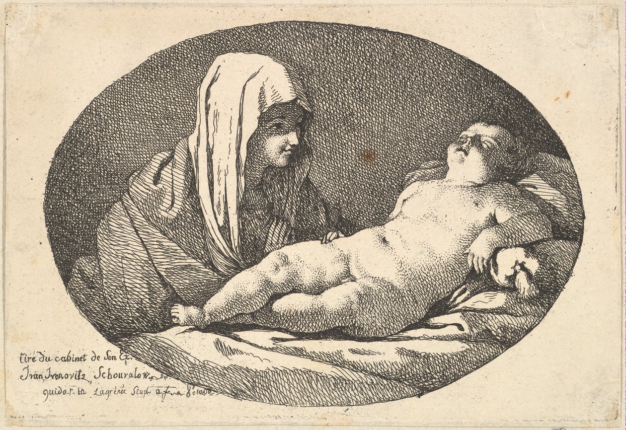 Vasemmalla oleva Neitsyt katselemassa Kristus-lapsen hänen nukkuvan, soikea sävellys, ..., 1760-63 jälkeen. tekijältä Jean Jacques Lagrenee
