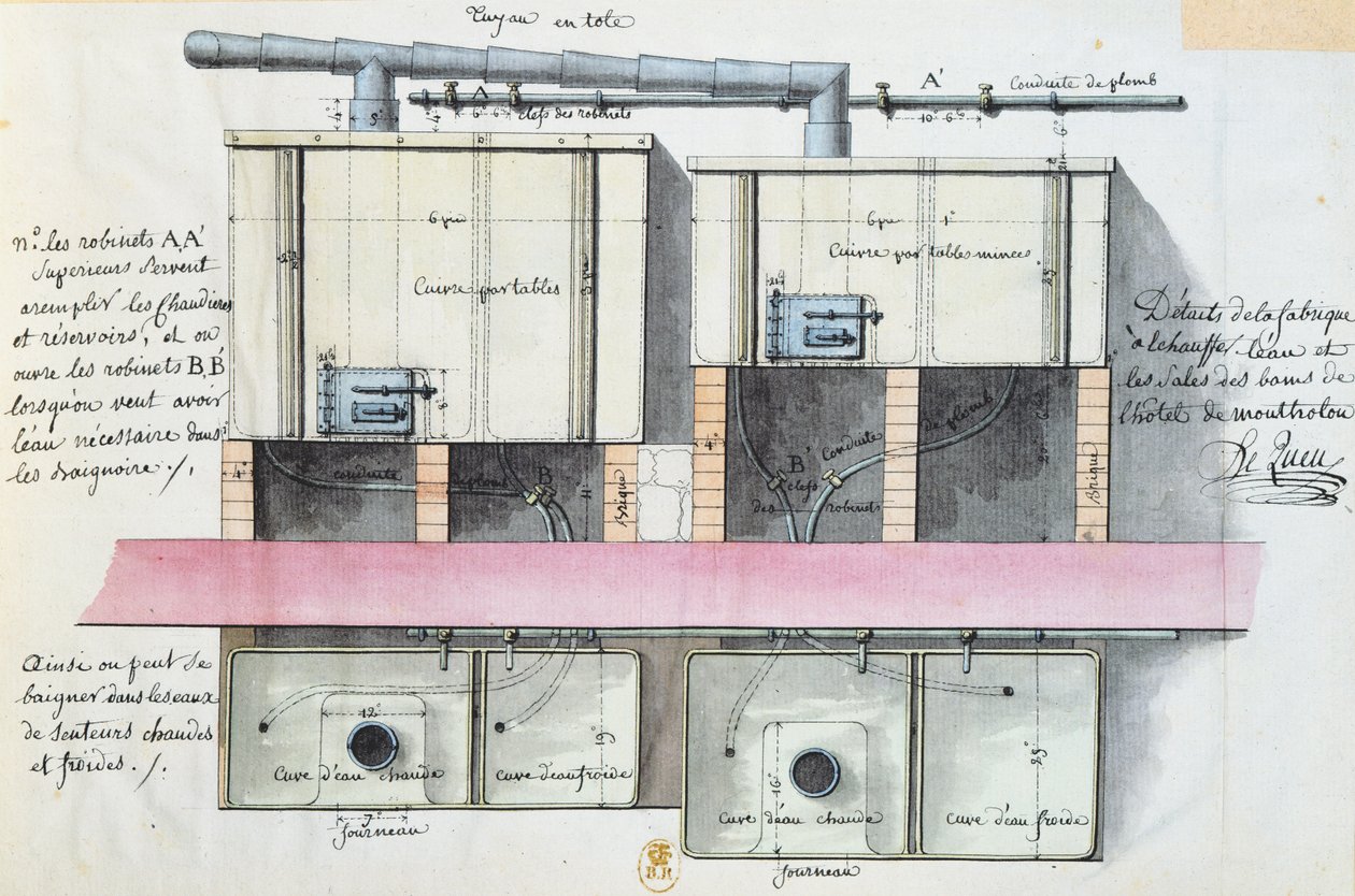 Veden lämmitysjärjestelmän suunnittelu Hotel de Montholonissa Pariisissa, n. 1787 (wc paperilla) tekijältä Jean Jacques Lequeu
