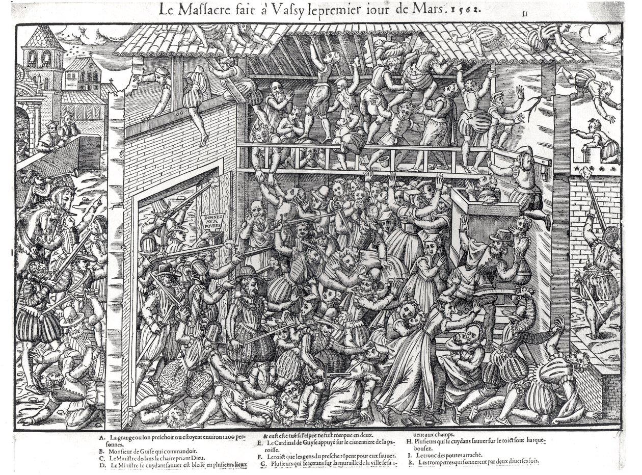 Duc de Guisen joukkojen suorittama protestanttiväestön joukkomurha Wassy-sur-Blaisessa 1. maaliskuuta 1562, kaivertaja Jacques Tortorel (1568-92). tekijältä Jean Jacques Perrissin