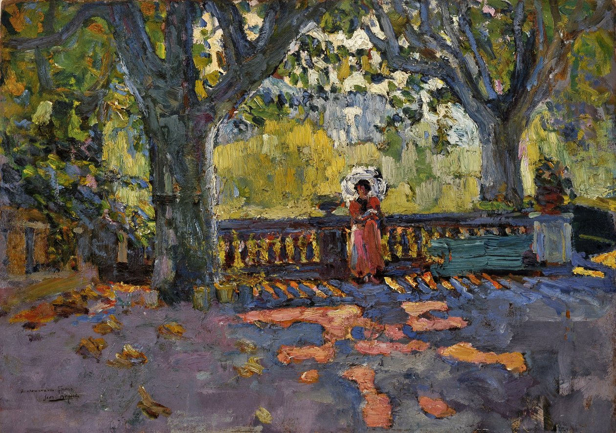 Nuorella naisella on sateenvarjo varjoisalla terassilla. Jean-Jacques Roquen maalaus (Jean Jacques Roque tekijältä Jean Jacques Roque