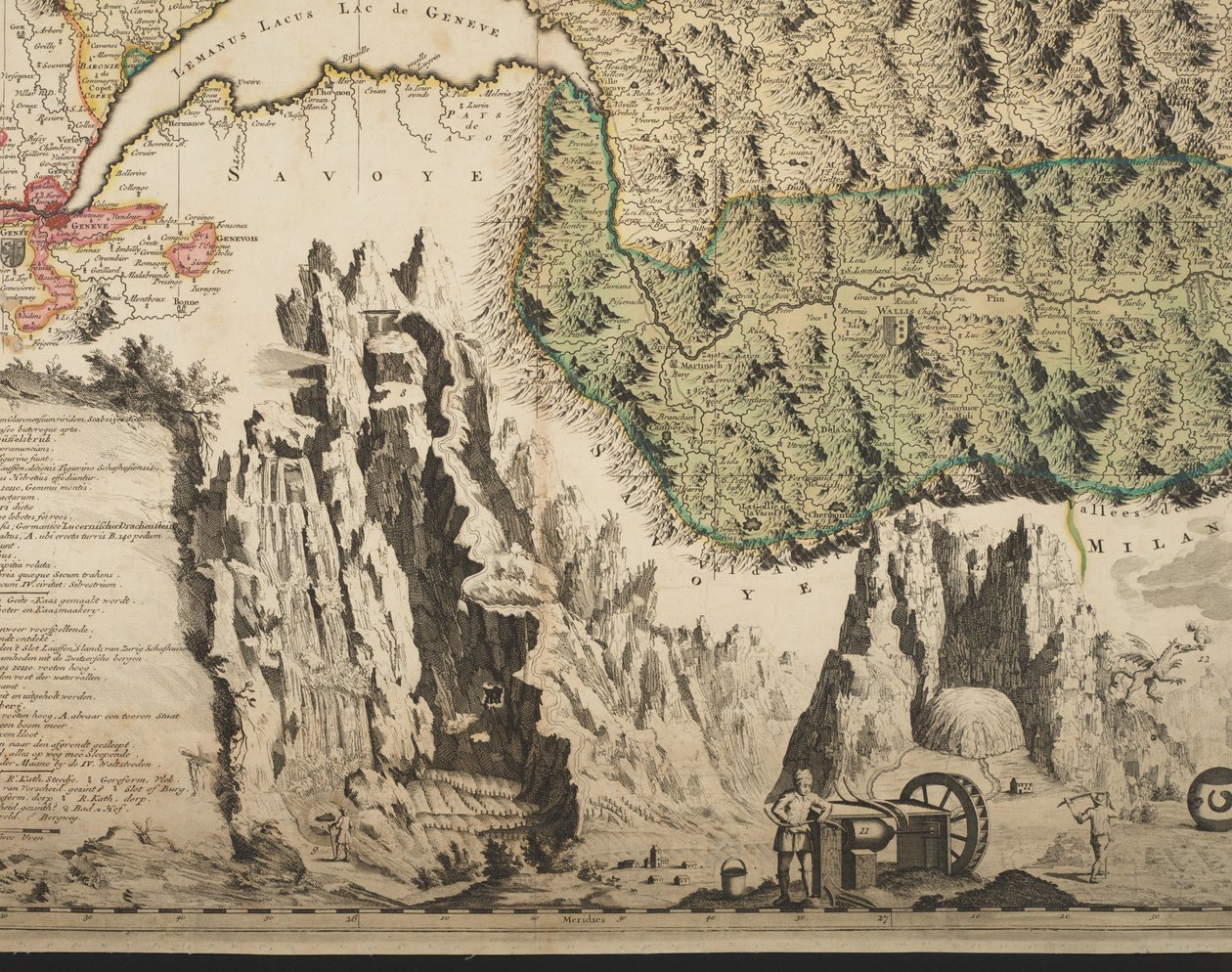 Uusi Sveitsin maantieteellinen kartta, jossa on kuuluisimmat ja voimakkaimmat kantonit ja uudistetun uskonnon Tigurina, Bern, Glarus, Basel, Scafusiana, apotti Cellana, yksityiskohta, n. 1712 (käsinvärinen painatus) tekijältä Jean Jacques Scheuchzer