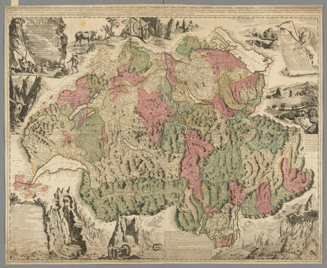 Uusi Sveitsin kartta, jossa on kuuluisimmat ja voimakkaimmat kantonit ja uudistetun uskonnon julkiset asiat Tigurina, Bern, Glarus, Basel, Scafusiana, Abbot Cellana, n. 1712 (käsinvärinen painatus) tekijältä Jean Jacques Scheuchzer