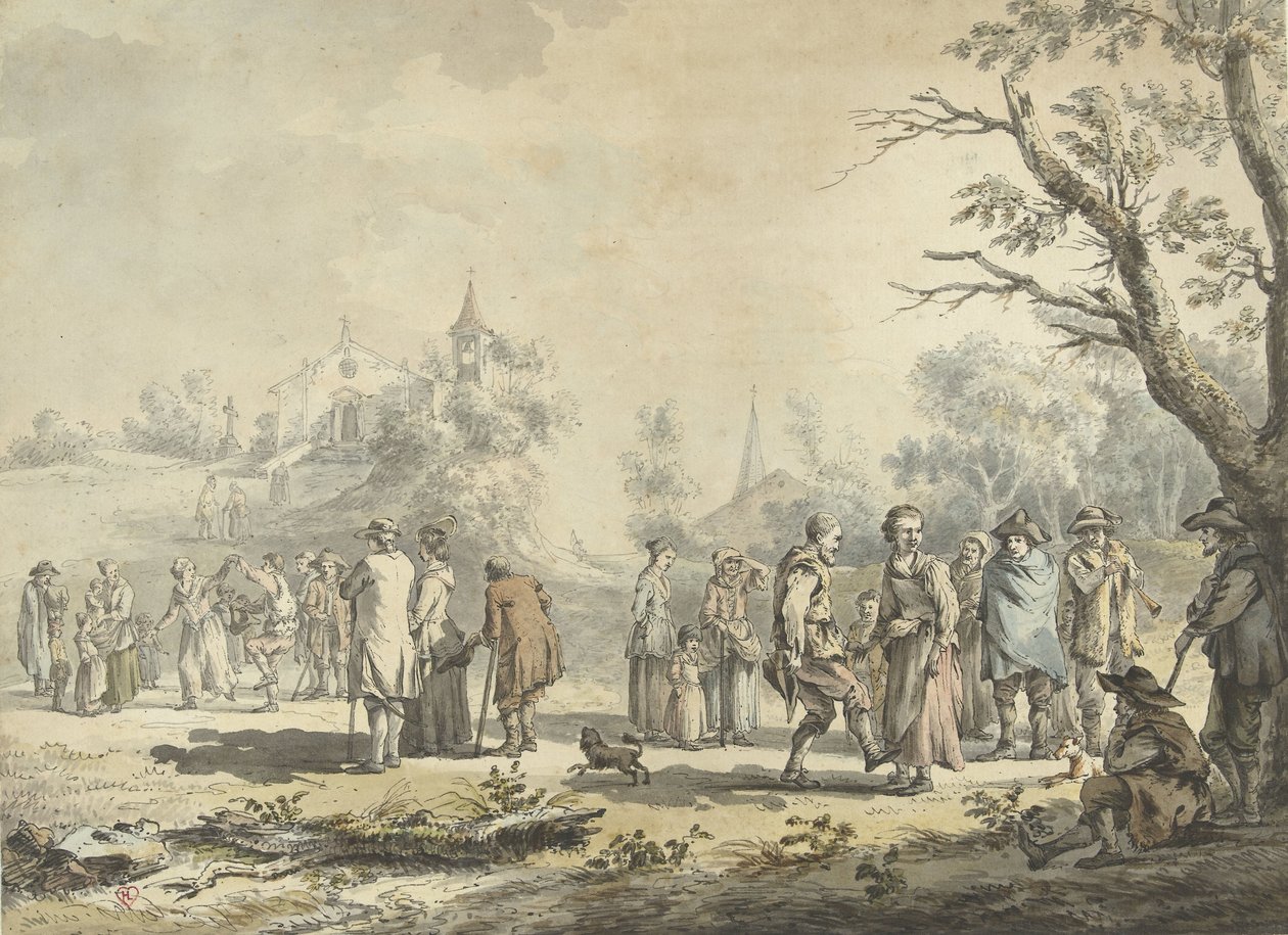 Tanssivia talonpoikia ja katsojia kylässä La Fete du village (otsikko esineessä) tekijältä Jean Jacques de Boissieu