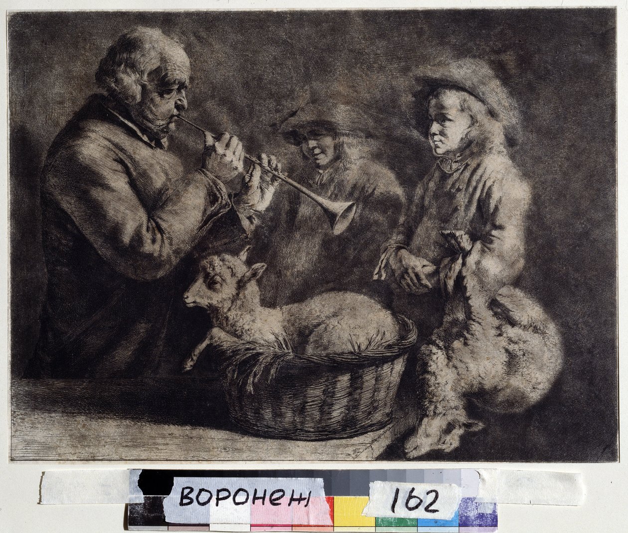 ""Oboisti"" (oboisti) Muusikko, joka soittaa oboea kahden paimenen edessä. Puupiirros Jean Jacques de Boissieu (1736-1810) 1772 Ivan Kramskoy (tai Kramskoi) Kuvataidemuseo Voronezhissa (Voronezh), Venäjä. tekijältä Jean Jacques de Boissieu