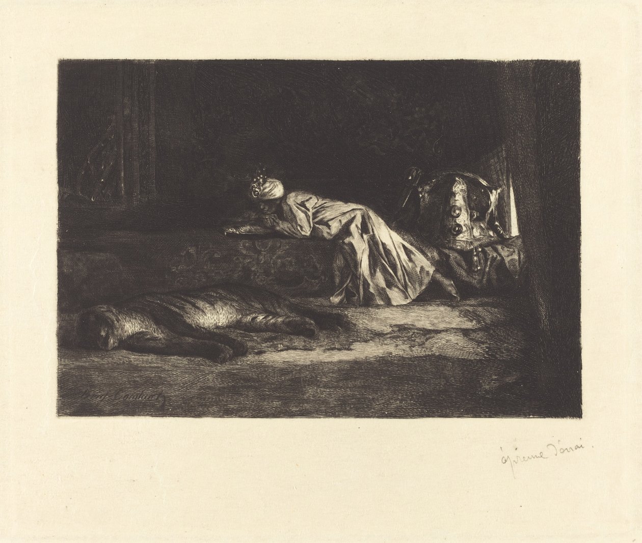 Itämainen sisustus, jossa nukkuva tiikeri tekijältä Jean Joseph Benjamin Constant