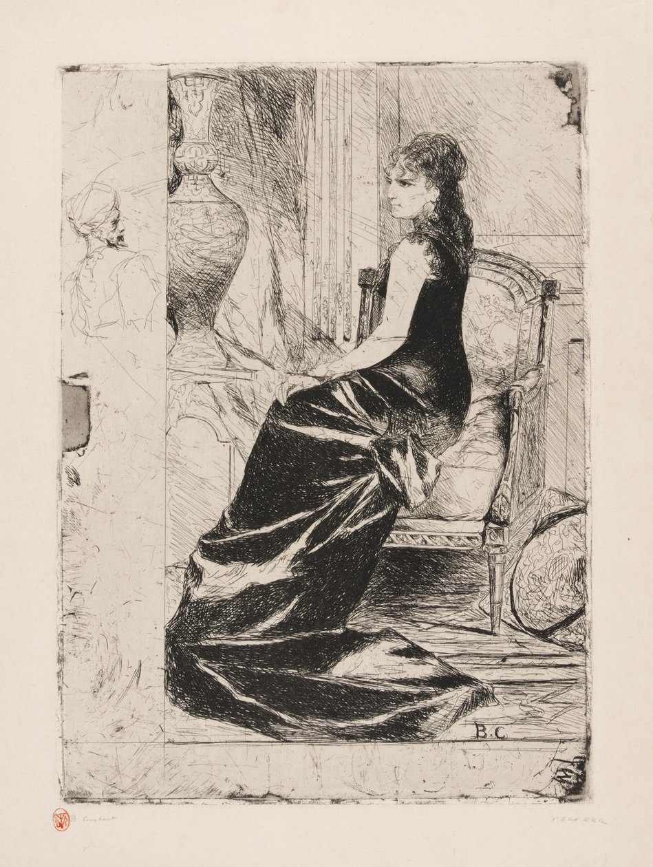 Nainen mustissa, noin 1876 (etsaus kermapaperille). tekijältä Jean Joseph Benjamin Constant