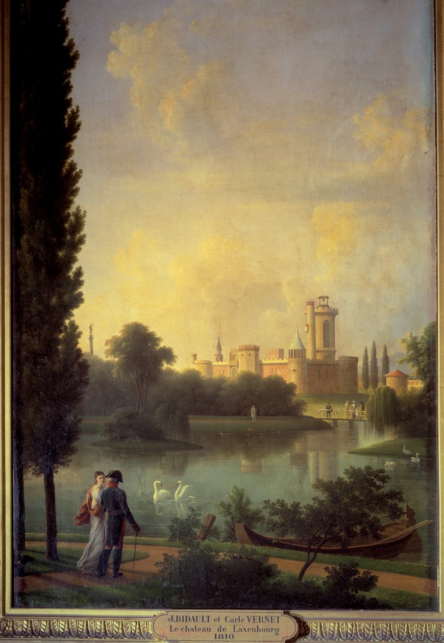 Laxemburgin linna (Itävalta), etualalla Itävallan keisari ja arkkitehtuuritar Marie Louise. Joseph Bidaultin maalaus (1758-1846) tekijältä Jean Joseph Bidault
