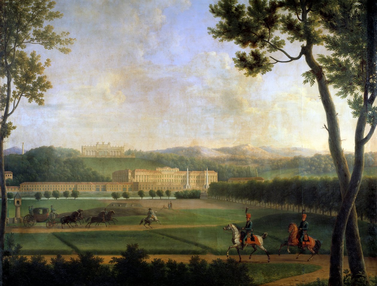 Näkymä Schonbrunnin keisarilliseen palatsiin, Wienissä, Itävallassa. Tämä on Johann Fischer von Erlachin 1600-luvun lopulla rakentama Habsburgien kesäasunto. Yksityiskohta Joseph Bidaultin (1758-1846) maalauksesta 1810 Pariisi, msuee Marmottan tekijältä Jean Joseph Bidault