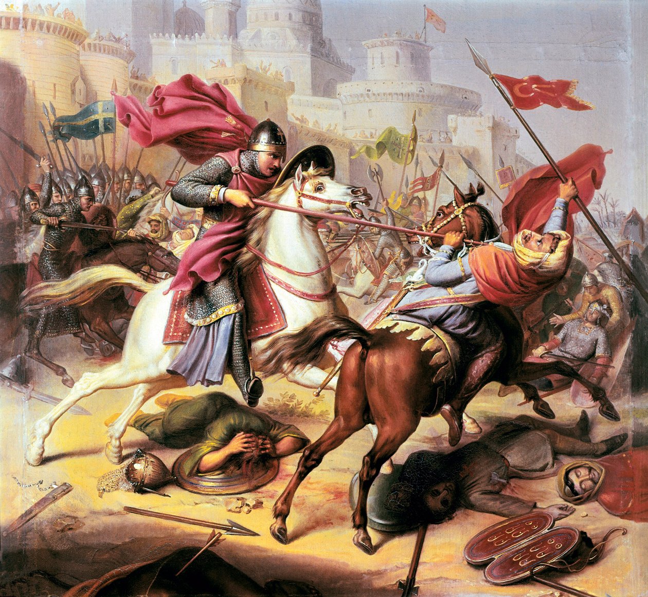 ensimmäinen ristiretki: ""Robert II Normandian herttua soitti Robertin oikeustalolle, joka taisteli muslimisotilaa vastaan Antiokian piirityksen aikana vuosina 1098-1838 tekijältä Jean Joseph Dassy