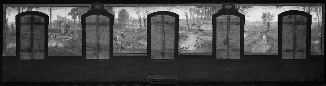 Fresnesin kaupungintalon luonnos: Bièvren rannat. Fresnes. Bièvren rannalla. Pesuloita. Jauhojen lajittelijat. Vuokratilat. Juurikkaan sadonkorjuu tekijältä Jean Joseph Enders