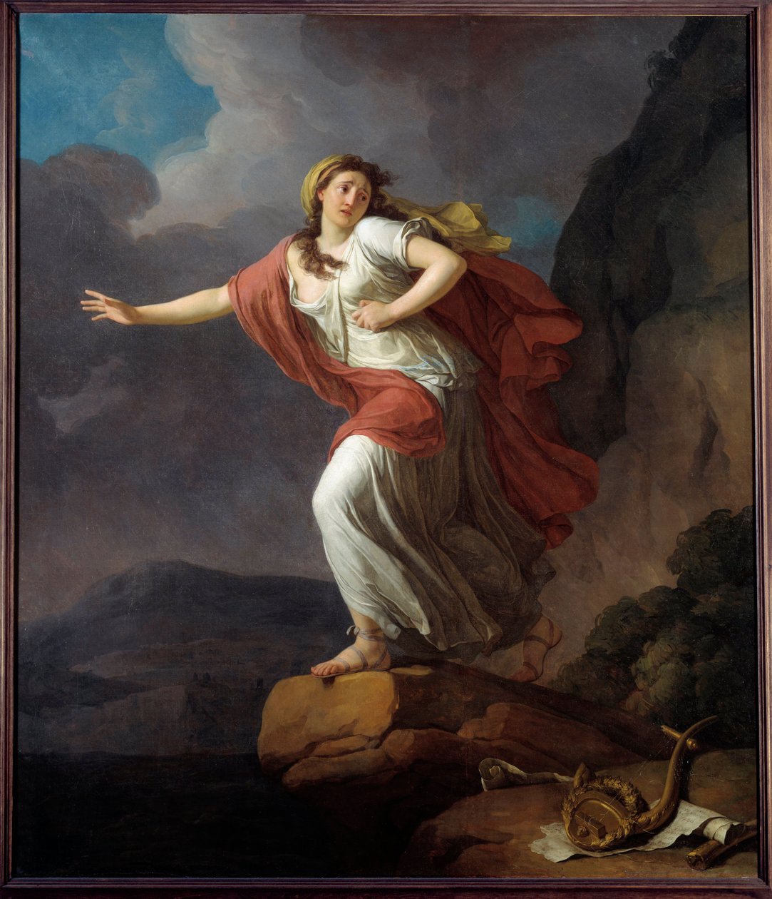 Kreikkalainen runoilija Sapho (Sappho) mukana meressä Joseph Taillassonin (1745-1809) maalaus 1700-luvun su. 2,25x1,9 m Brest, Kuvataidemuseo tekijältä Jean Joseph Taillasson