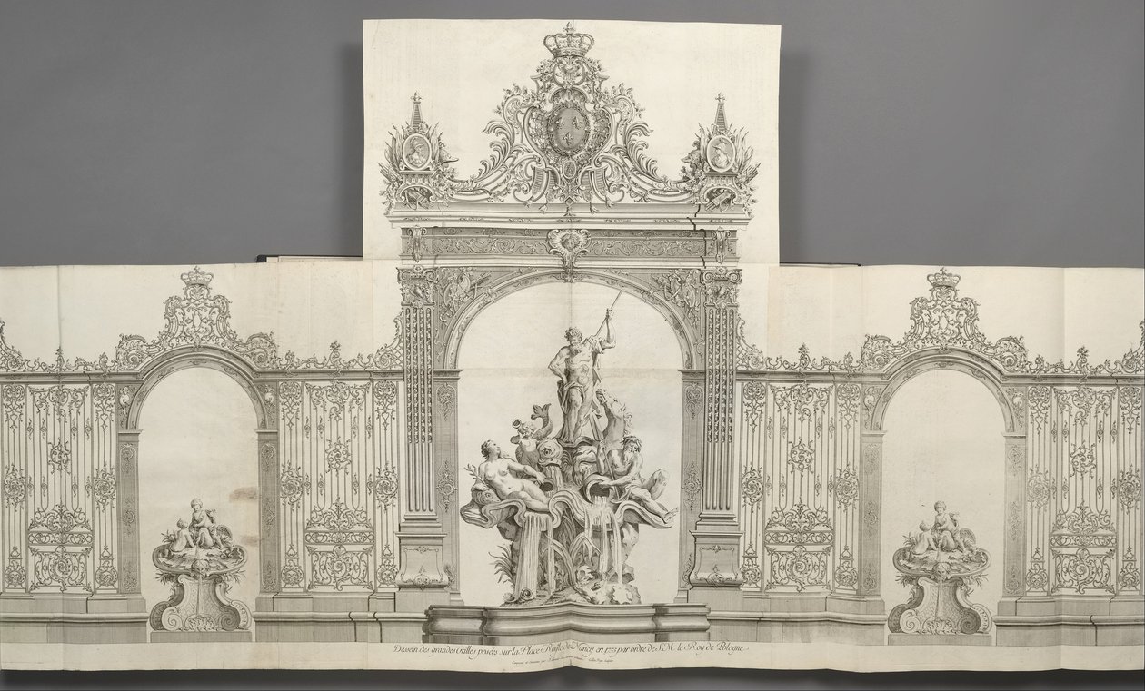 Dessein des Grandes Grilles posées sur la Place royale de Nancy en 1755 par ordre de S. M. le Roy de tekijältä Jean Lamour