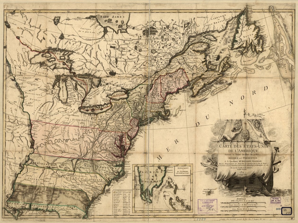 Kartta Amerikan yhdysvalloista vuoden 1783 rauhansopimuksen jälkeen. tekijältä Jean Lattré