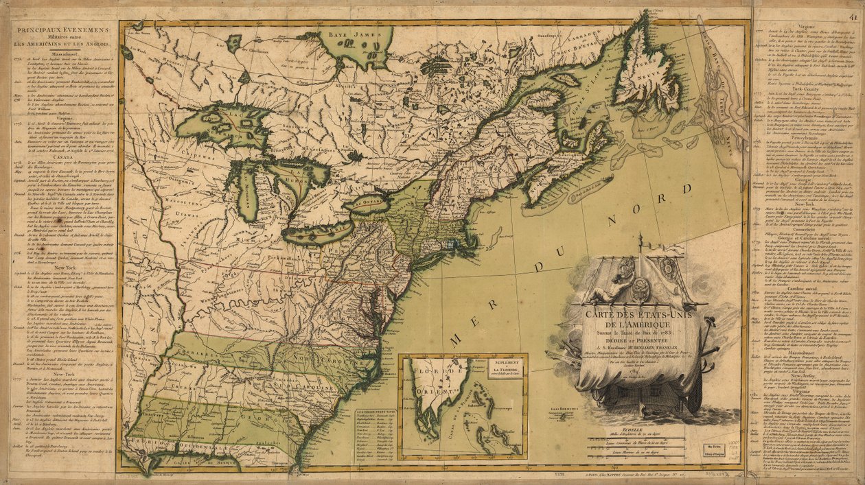 Kartta Amerikan yhdysvalloista vuoden 1783 rauhansopimuksen jälkeen. tekijältä Jean Lattré