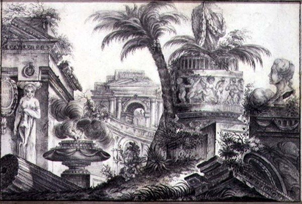 An Architectural Fantasy, n. 1760 (hiili ja lyijykynä paperilla) tekijältä Jean Laurent Legeay