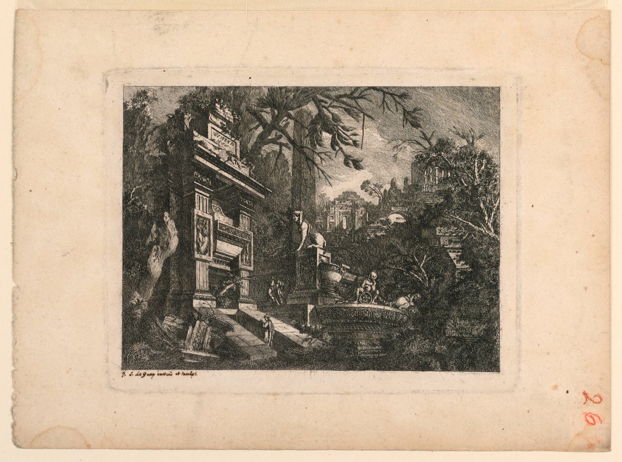 Arkkitehtoninen fantasia haudalla ja raunioilla, lautanen "Giovan Inventione Ruins. Loren, Legeay Architet. Itse veistetty Lucessa 1768" tekijältä Jean Laurent Legeay