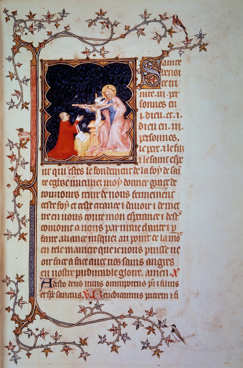 Berryn herttua Johannes I (1340-1416) ennen Pyhän kolminaisuuden miniatyyriä, joka on otettu käsikirjoituksesta (ms. lat. 18014) "Johannes Berryn pienet tunnit", jonka Johannes Musta valaisee, noin 1375. Paris, B.N. tekijältä Jean Le and workshop (attr. to) Noir