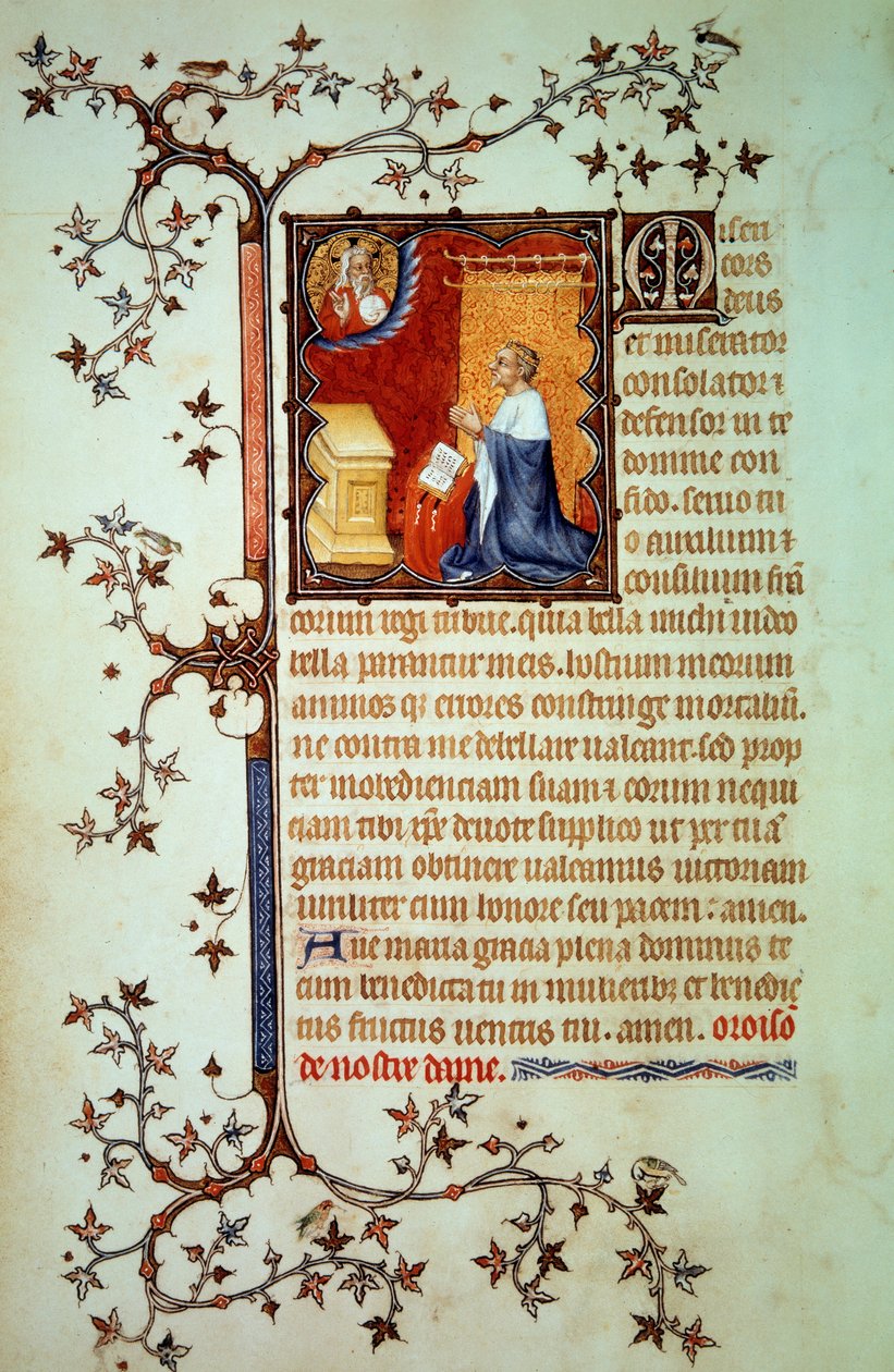 Berryn herttua Johannes I (1340-1416) rukoili Jumalan edessä, joka siunasi hänelle Miniatyyrin käsikirjoituksesta (ms. lat. 18014) "Johannes Berryn pienet tunnit", jonka valaisi Johannes Musta, noin 1375. Paris, B.N. tekijältä Jean Le and workshop (attr. to) Noir