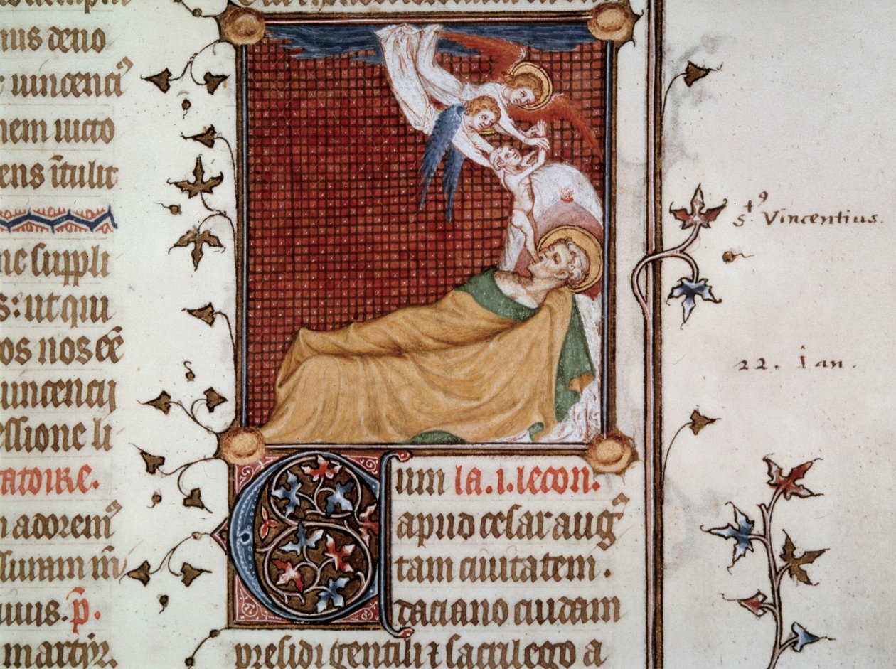 Pyhän Vincentin Zaragozalaisen kuolema vuonna 304 Pienoiskuva "Pariisin breviariumista", joka tunnetaan Kaarle V:n breviaariona, kuvannut Jean Le Noir (man. lat. 1052, fol. 326); tekijältä Jean Le and workshop (attr. to) Noir