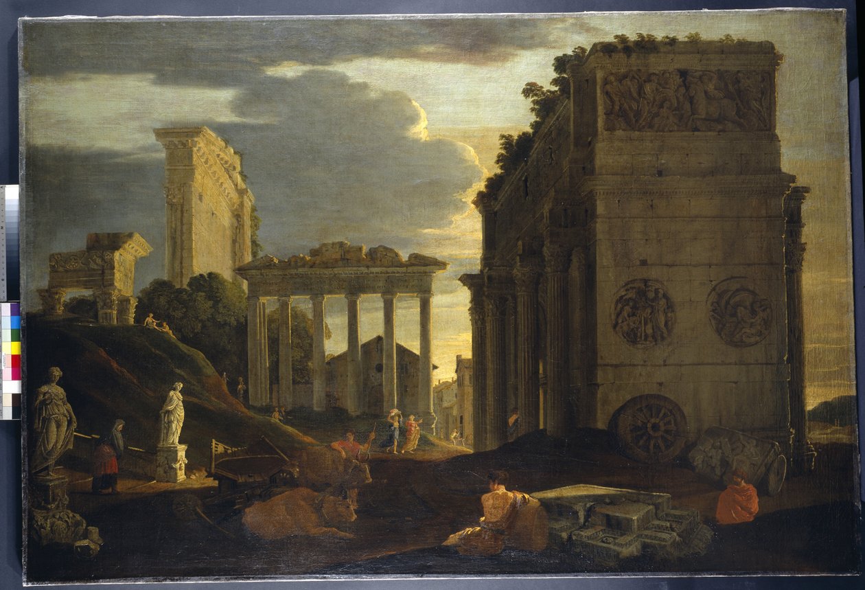 Capriccio-näkymä hahmoilla voittokaaren vieressä ja Saturnuksen ja Jupiter Tonansin temppeleillä (öljy kankaalle) tekijältä Jean Lemaire